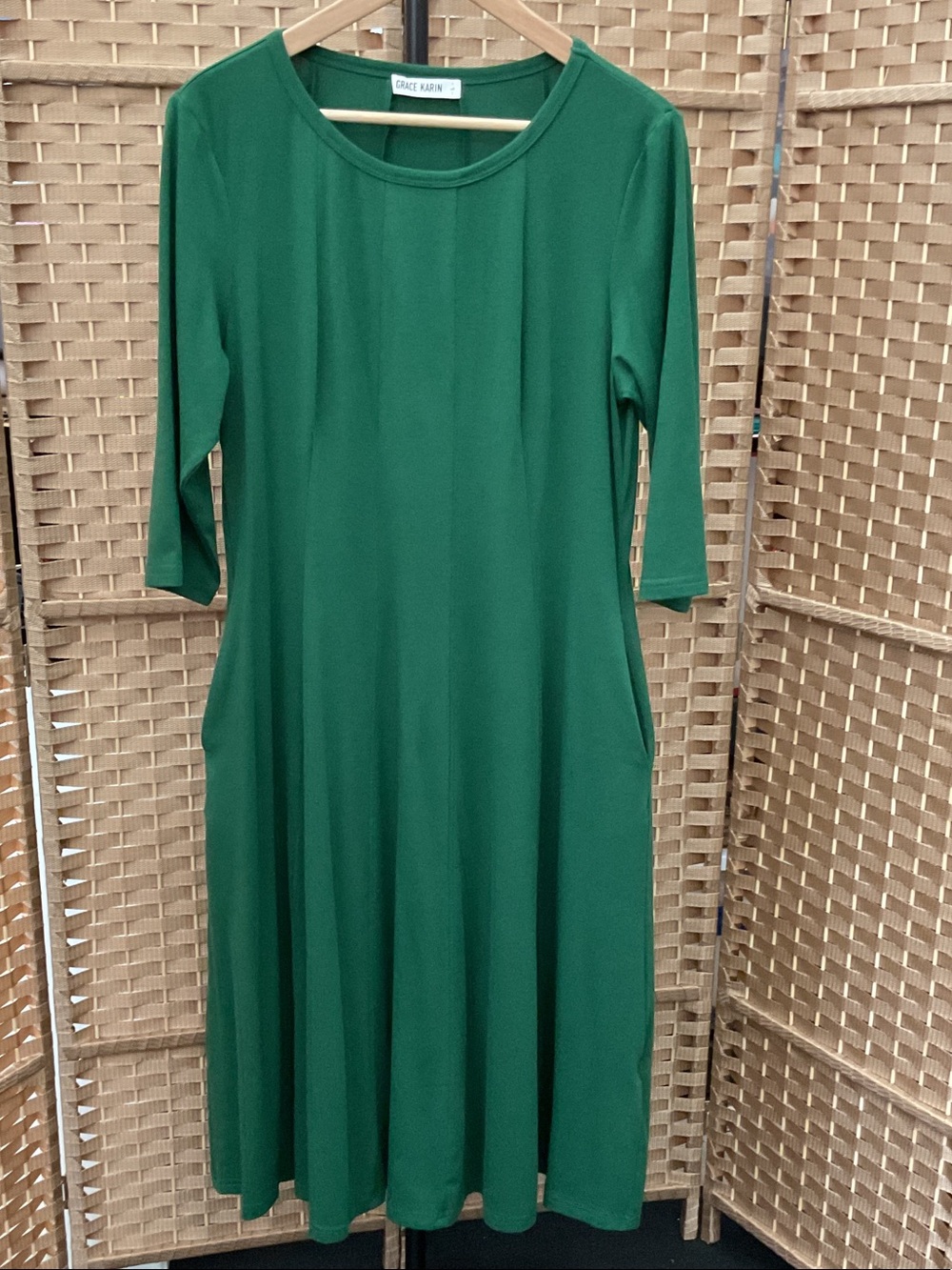 Grace Karin Emerald Green Midi A-Line Dress with Pockets